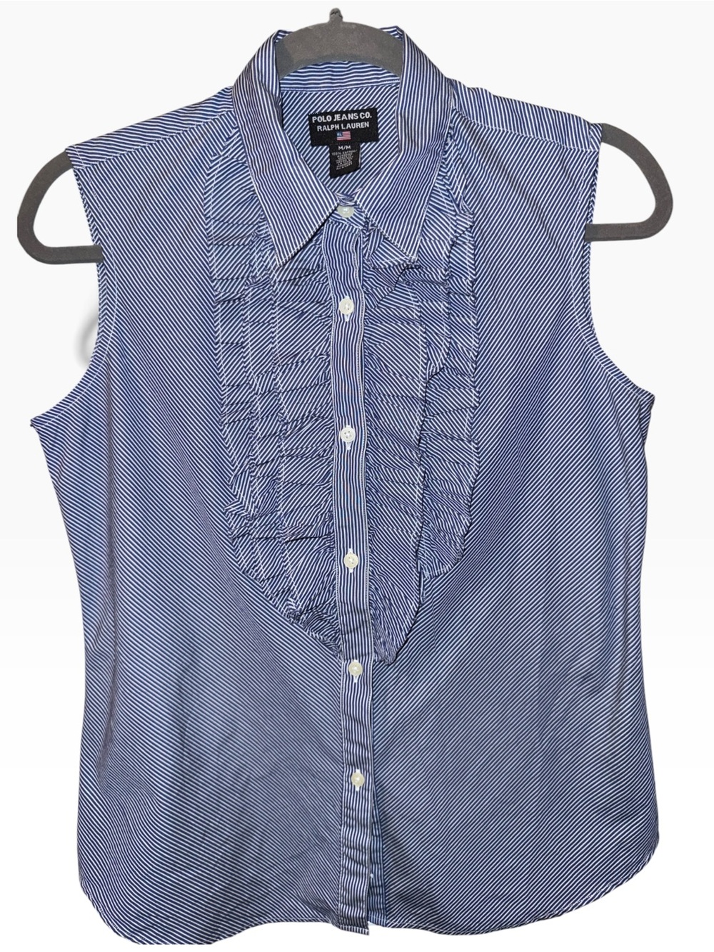 Ralph Lauren Blue & White Striped Ruffle Front Sleeveless Blouse